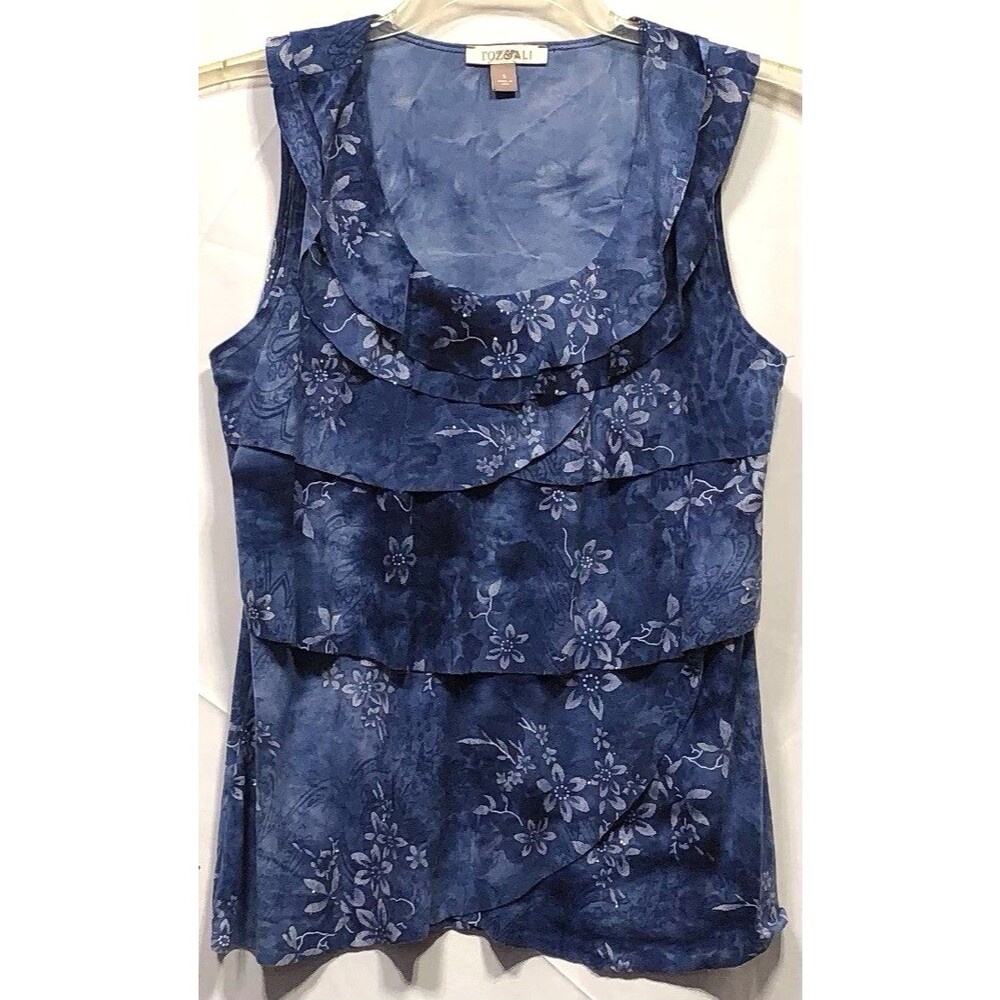 Roz & Ali Sleeveless layered ruffle top S blue floral scoop neck Glitter Flowy
